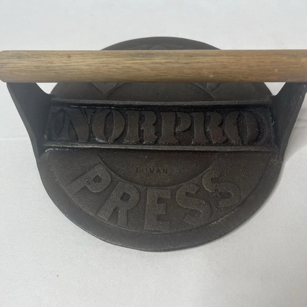 Vintage Norpro Cast Iron Grill Press Bacon Burger Meat Press Wood Handle